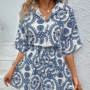 Blue Boho Women's Summer Beach Floral Printed Shirt Jumpsuit Shorts